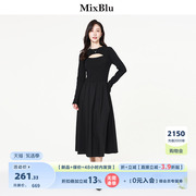 Mixblu黑色圆领镂空拼接连衣裙女秋冬2023别致减龄独特长裙子
