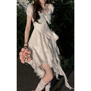 dreamseven77法式茶歇连衣裙，女夏季荷叶边不规则，显瘦短裙子