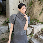韩国东大门2023冬季复古气质设计感高领短款毛衣女泡泡袖针织衫