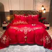 高端婚庆四件套大红中式喜被罩床单床笠新结婚房嫁礼床上用品龙凤