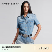 Miss Sixty2024春季牛仔衬衫女翻领气质肩章口袋短袖复古休闲