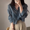 夏季女装韩版批发长袖，棉麻空调衫褶皱轻薄衬衣，百搭防晒衬衫潮