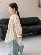 韩系女童衬衫2024春款彩色圆点中长款衬衫裙宝宝宽松圆领娃娃上衣