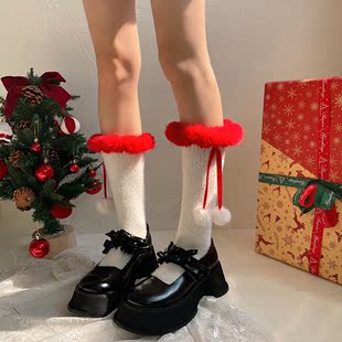 袜贵人新年圣诞红色毛毛花边毛球獭兔毛洛丽塔少女中筒堆堆袜