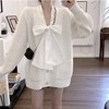 秋冬韩版慵懒风针织开衫外套+白色蝴蝶结长袖衬衫小个子套装