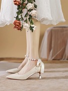 法式尖头高跟鞋女绸缎面婚鞋新娘鞋主婚纱伴娘鞋平常可穿细跟单鞋