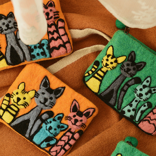 高品质尼泊尔手工羊毛毡零钱包可爱卡通猫咪毛绒口红手拿包证件包
