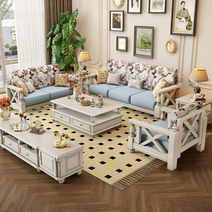 美式白色沙发实木布艺复古小美乡村小户型客厅家具三人位123组合