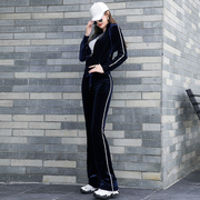 金丝绒休闲运动套装女2021年秋季欧洲站时尚高腰黑色两件套潮