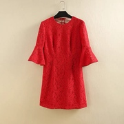 五系列 大红色蕾丝喇叭袖连衣裙品牌折扣女装