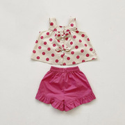 女童夏季蝴蝶结套装宝宝时尚洋气波点上衣玫红短裤两件套婴儿夏装