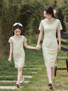 绿色亲子装旗袍母女装连衣裙，复古改良中国风夏季短袖长款女童裙子