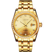 瑞士钢带自动机械表情侣手表，18k金色镶钻手表，防水商务夜光日历