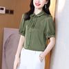 意冉真丝衬衫女短袖系带，杭州桑蚕丝，绿色衬衣法式中年妈妈夏装上衣