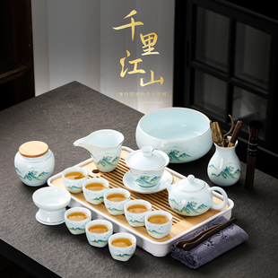 整套功夫茶具套装陶瓷盖碗茶壶客厅家用喝茶茶杯茶盘轻奢高档中式