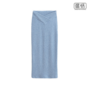 欧美高腰V型裤腰蓝色长裙显瘦修身后开叉针织包臀半身裙