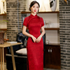 红色长款旗袍2023年中国风，复古日常可穿气质名媛短袖盘扣优雅