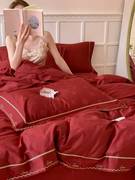 简约红色结婚庆100支长绒棉床品四件套床上喜被全棉1.8新婚嫁床单