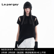 纳帕佳镂空套头短袖毛织针织衫，2023秋冬女式黑色个性休闲上衣