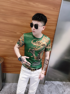 2024夏季韩版男士时尚修身短袖冰丝花色半袖中国风龙印花t恤