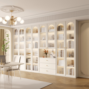 法式去客厅化书柜，一体整墙到顶书房储物柜，书架展示柜柜子实木定制