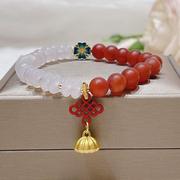 磨砂红玛瑙手链设计感中国结莲蓬手串，复古中国风饰品串珠手链