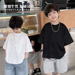 儿童短袖2024夏季韩版潮酷宝宝圆领，撒银割破男童t恤