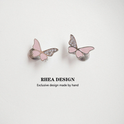 原创设计粉色蝴蝶纯银，耳环无耳洞，女蚊香盘简约高级气质