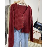 红色毛衣薄款针织衫女春季超好看v领小香风羊毛开衫短款上衣外套