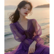 大码法式连衣裙女夏2024小个子高级感紫色超仙海边度假沙滩裙