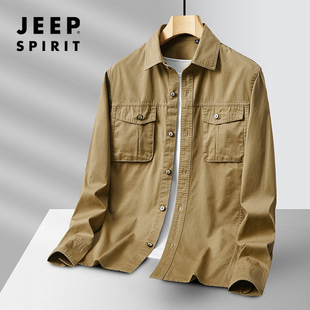 jeep吉普长袖衬衫男士春季宽松全棉衬衣翻领工装休闲运动外套