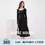 basichouse百家好女赫本风，黑色长袖针织，连衣裙收腰显瘦打底长裙