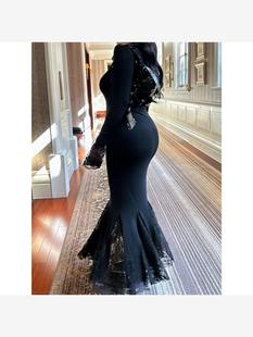 大码气质连衣裙黑色蕾丝高级感鱼尾修身性感显瘦裙子长袖长裙