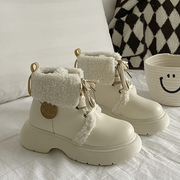 白色可爱毛绒绒冬季复古保暖厚底棉鞋雪地靴女加绒增高马丁靴短靴