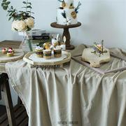 亚麻色枫糖色白色婚礼生日宴会甜品，台签到台布幔桌布小红薯背景布