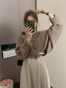 蝙蝠袖短款针织开衫女秋季设计感小个子毛衣外套罩衫韩版坑条上衣
