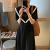 法式方领连衣裙日系翻领花边设计感小黑裙欧洲站夏季女装