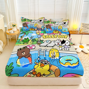 布朗熊卡通(熊卡通)可爱卡通，动漫床上单品卧室，可爱床笠席梦思床垫床套保护