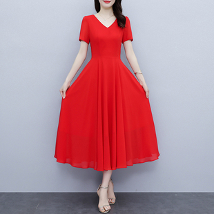红色雪纺连衣裙女2024夏季收腰显瘦大摆长款跳广场舞气质裙子