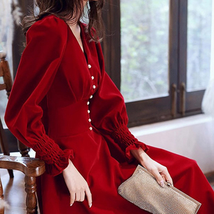 大码女装敬酒服新娘长袖，平时可穿气质，红色礼服回门订婚连衣裙秋冬