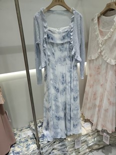 印花扎染水墨画连衣裙女2024夏季新中式蓝色吊带裙披肩两件套