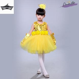 幼儿演六一儿童节表演服黄色，网纱连衣裙夏季公主，蕾丝蓬蓬礼服裙子
