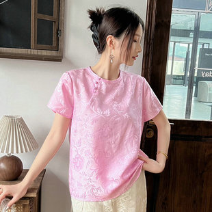 新中式国风真丝衬衫女圆领短袖桑蚕丝上衣设计感小众百搭洋气小衫
