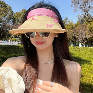 甜美可爱彩色蝴蝶结遮阳帽，女夏海边度假空顶，草帽防晒编织太阳帽子