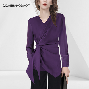 欧货设计感绑带紫色衬衫，女秋装法式v领小众修身显瘦长袖上衣