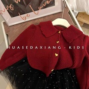 儿童针织开衫韩国童装23秋冬款洋气甜美单排扣娃娃领气质女童毛衣