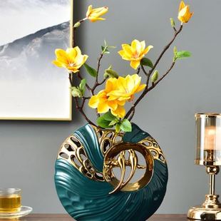 新中式陶瓷镂空花瓶摆件客厅插花轻奢复古花器干花装饰茶几摆