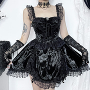 哥特lolita宫廷风一字肩连衣裙，黑色蕾丝蓬蓬短裙绑带收腰洛丽塔裙