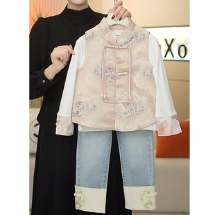 新中式套装女童春季儿童国风刺绣马甲拼接衬衫牛仔裤三件套潮
