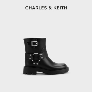 charles&keith23冬女靴，ck1-90360399复古搭扣圆头机车，靴骑士短靴